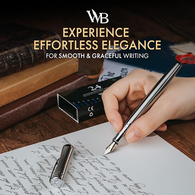 Wordsworth & Black Fountain Pen Set, Fine Nib, Includes 24 Pack Ink Cartridges, Ink Refill Converter & Gift Box, Chrome Finish Finish, Calligraphy, [Silver Chrome], Perfect for Men & Women