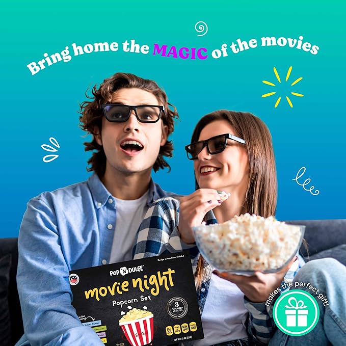 Popcorn Movie Night Supplies Popcorn Kernels Popcorn Seasoning 16 Pack, 5 Gourmet Popcorn Kernels, 5 Popcorn Seasoning Variety Packs Non-GMO Snacks, Includes 6 Bags, Gift Basket Idea