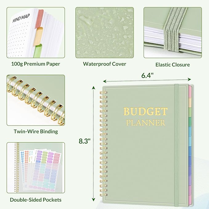 SUNEE Budget Planner - Monthly Budget Book with Expense Tracker Notebook, Undated 12 Month Bill Organizer & Finance Planner to Manage Your Money, A5(6.4" x 8.3") Account Book with Colorful Tab, Green