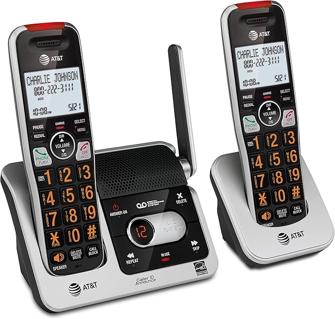 AT&T BL102-2 DECT 6.0 2-Handset Cordless Phone for Home with Answering Machine, Call Blocking, Caller ID Announcer, Audio Assist, Intercom, and Unsurpassed Range, Silver/Black