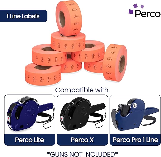 Perco 1 Line Fluorescent Red Sale Labels - 8 Rolls, 1 Sleeve, 8,000 Blank Price and Date Gun Labels for Perco 1 Line Price and Date Guns - Made in USA