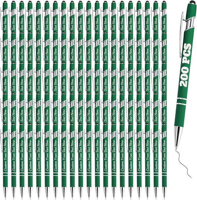 Personalized Pens Bulk 200 with Name Custom Engraving Ballpoint Pens with Stylus Tip Customized Smooth Writing Pens Personalized Gifts for Anniversary Birthday or Graduation(Dark Green,Black Ink)