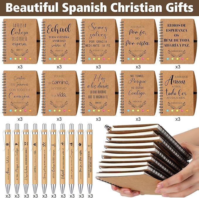 30 Set Spanish Christian Gifts Bulk Religious Notebooks with Bible Verse Pens,Inspirational Spiral Prayer Journal and Pen Set Church Gifts for Women Men Sunday Church Party (Kraft)