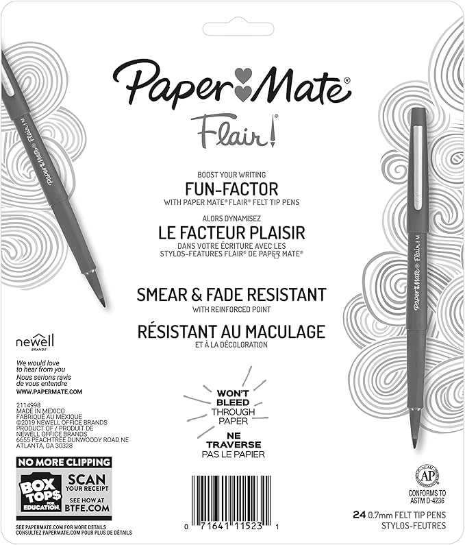Paper Mate Felt Tip Pens, Flair Marker Pens, Medium Point, Assorted, 24 Count - Home, Office, Back to School, Teacher Supplies