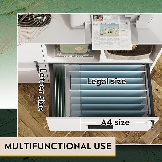 DEVAISE File Cabinet with Charging Station, 1-Drawer Lateral File Cabinets with Lock for Home Office, Wooden Rolling Printer Stand with Shelves, White