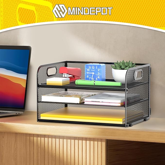 3-Tier Paper Letter Organizer Tray with Handle, Mesh Desk File Organizer for Office, Home, School - 2 Pack, Black