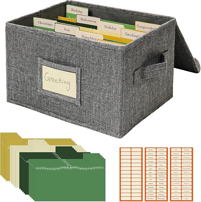 Vienrose Greeting Card Organizer Storage Box with 20 Removable Dividers, 84 Self-stick Labels, Perfect for Photos, Envelopes, Scrapbooking, Paper, Stickers Holder 1 Pack Grey