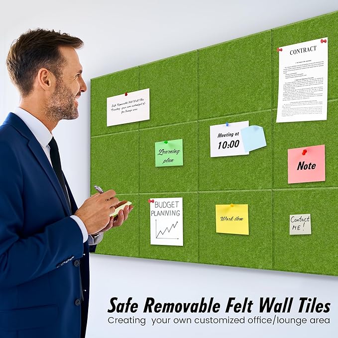 Large Cork Board for Walls Green Felt Board Alternative -Felt Bulletin Board Tiles for Office Wall Decor,corkboard,Push pin Board Wall Organizer for Office -12Pack (Green)