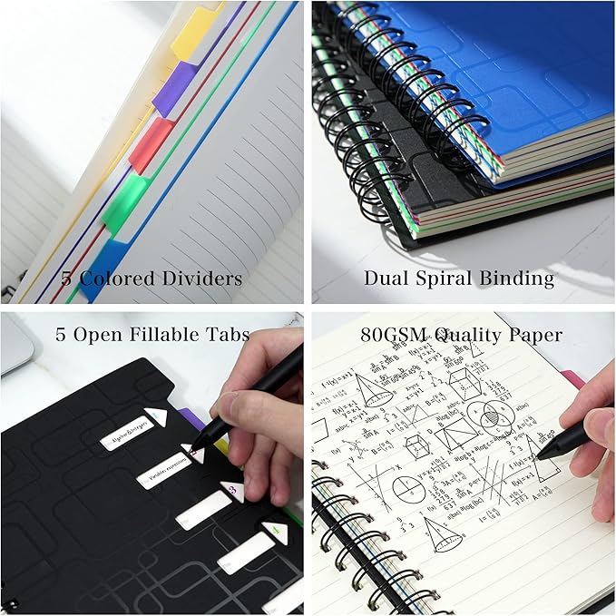 CAGIE 5 Subject Notebook for Work 240 Pages Spiral Notebooks College Ruled with Dividers Tabs A5 Small Note Book for School Office Supplies Note Taking, 5x7, Black