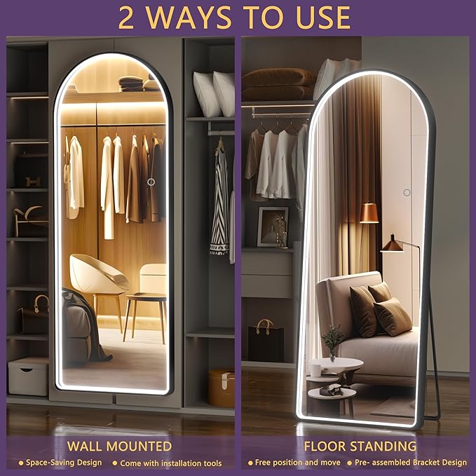Hasipu 63" x 22" Led Mirror Full Length, Full Body Mirror with Lights, Arch Design, Wall Mounted, English Style