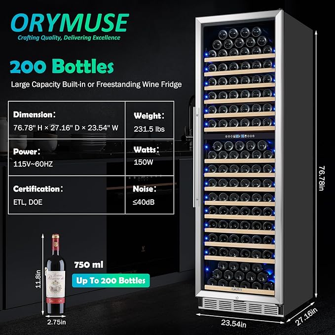 200 Bottle Dual Zone Wine Fridge - 24 Inch Large Wine Cooler Refrigerator, Freestanding and Built-in Design, Upgraded Compressor Cooling, Intelligent Temperature Memory