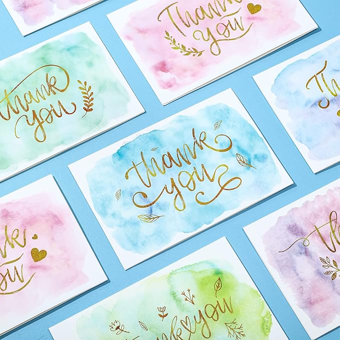 24 Pack Watercolor Thank You Cards with 24 Envelopes 24 Stickers 6 Designs Gold Letter Greeting Note Cards Thank You Notes Round Envelope Seal Stickers for Wedding Graduation(Cute Style)