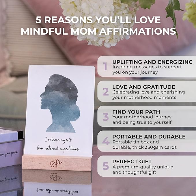 New Mom Affirmation Cards - 50 Postpartum Affirmation Cards for Self-Care, Gift for New Mom After Birth in Tin Box with Wooden Stand