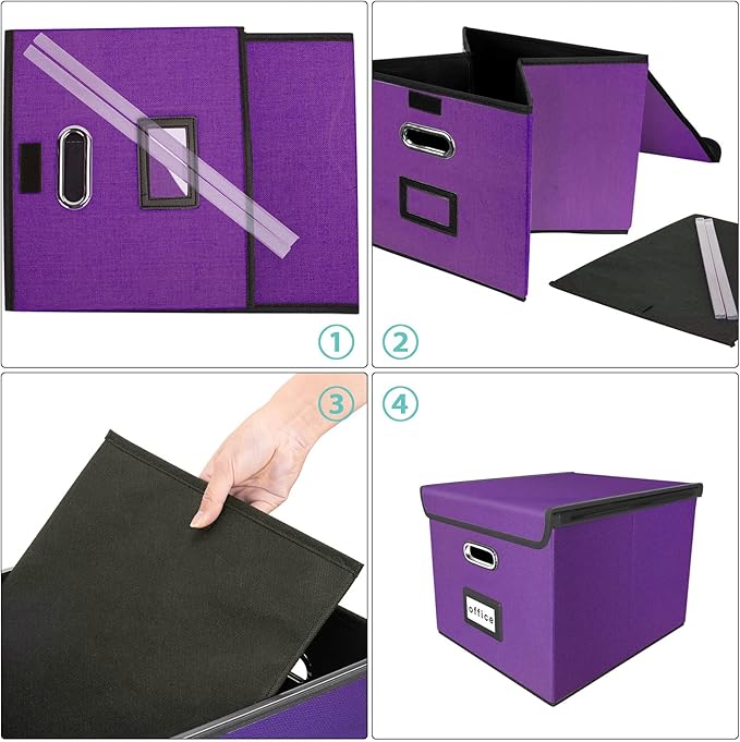 Huolewa File Organizer Box with Lid, Collapsible File Folder Organizer for Office Document Storage, Filing Box with Plastic Slide for Letter/Legal Size Hanging Files, Purple