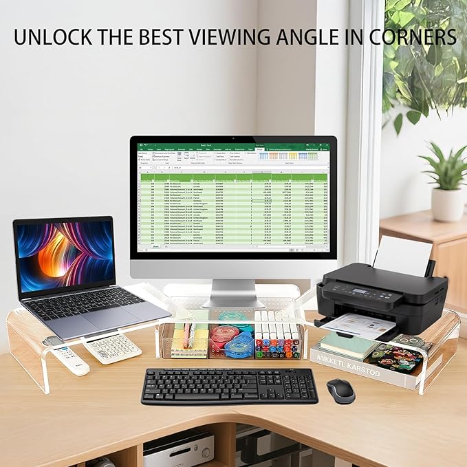 Clear Acrylic Desk Organizers and Accessories, Dual Computer Monitor Stand Riser with Drawer, Desk Shelf for Monitor, Workspace Desktop Organization for Office Supplies