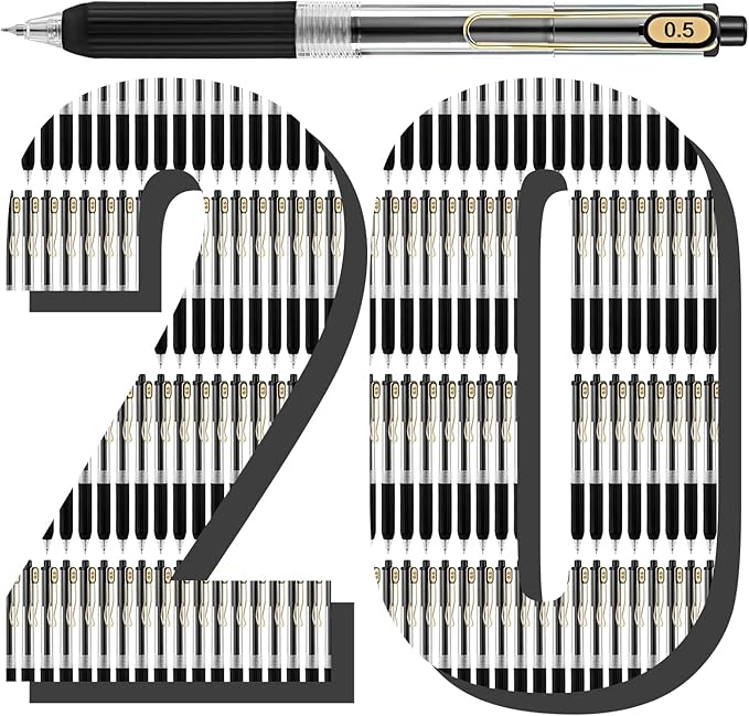 Aozora 20 Pack Black Gel Pens Fine Point Smooth Writing Pens Retractable Black Ink Pen with Soft Grip 0.5mm Quick Dry Office School Supplies Gold Clip