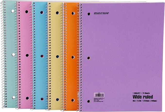 Mintra Office Spiral Notebooks (Pastel - Wide Ruled, 24pk (4-6pks))