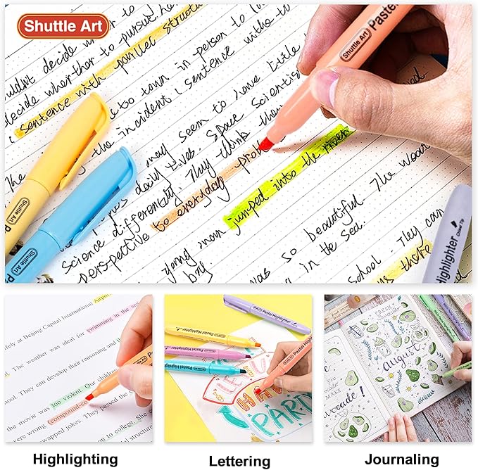 Shuttle Art Highlighters, 15 Colors Pastel Highlighter Pens Assorted Colors, Chisel Tip Dry-Quickly Non-Toxic Highlighter Markers for Adults Kids Highlighting in the Home School Office