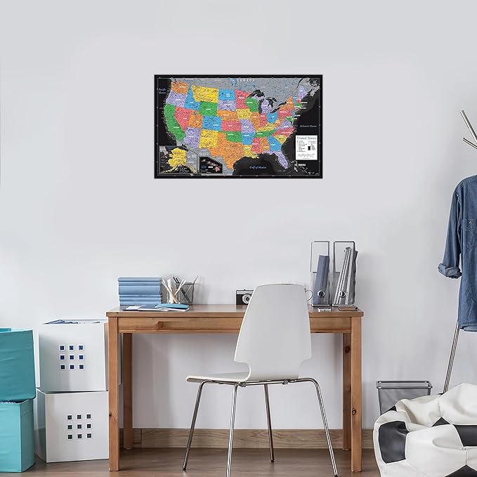 2 Pack - Laminated World & US Map Poster Set - Wall Chart Map of the World & United States - Made in the USA [Black]