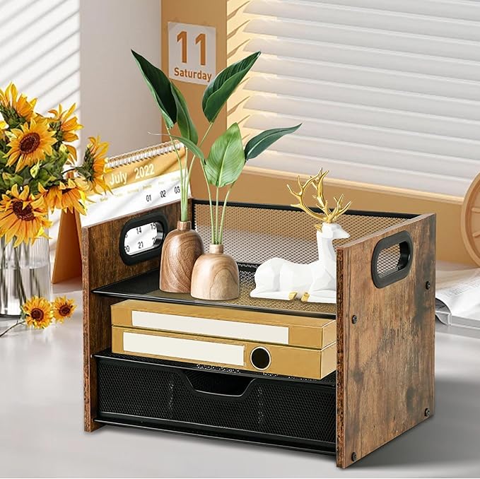 Wood Desk Organizer - 3-Tier Desktop File Organizer with Drawer, Wooden Paper Tray, Office Desk Organzier and Accessories for Papers, Mail, Notebooks, Stationery