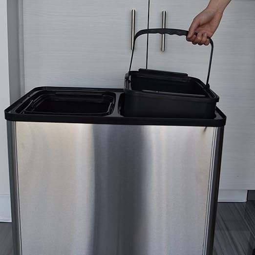 iTouchless 16 Gallon Touchless Sensor Trash Can and Recycle Bin with Wheels, 60 Liter Stainless Steel Dual-Compartment (2 x 8 Gallon) Kitchen Recycling and Garbage Trashcan