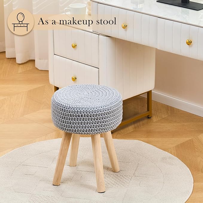Cotton Knitted Ottoman Round Footstool Vanity Stool Modern Ottoman Footrest Stool with Non-Skid Wood Legs for Living Room Bedroom Grey