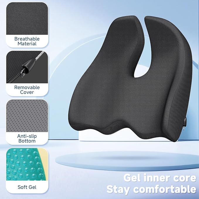 Benazcap Gel Seat Cushion for Office Chair Ergonomic Cushions-Gel & Memory Foam Coccyx Butt Pillow for Sciatica & Back Pain Relief for Long Sitting for Gaming Chair and Car Seat-Black