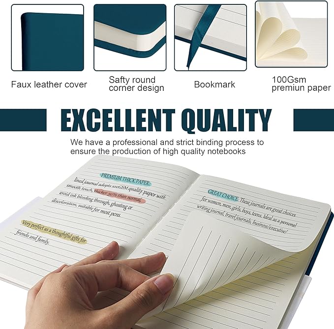 Lined Journal Notebook, 6Pack(Turquoise), 160 Pages, Medium 5.7 inches x 8 inches - 100 gsm Thick Paper, Hardcover