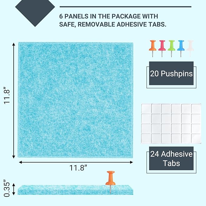 AKTOP Cork Board Bulletin Board 24"x36", 6 Pack Removable Felt Cork Board Tiles for Wall, Large Corkboard Notice Pin Board for Office, School & Home,24 Safe Adhesive Tabs, 20 Push Pins, Baby Blue