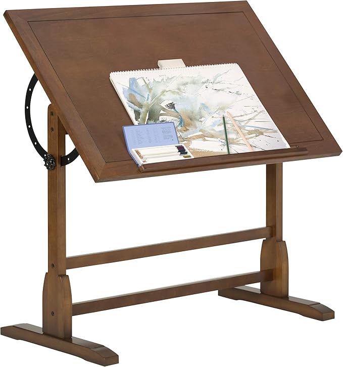 Studio Designs Vintage Drafting Table - Antique Design Solid Wood Drafting Table with Built-In Pencil Groove and Pencil Ledge - Angle Adjustable Work Surface