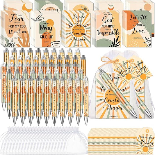 200 Pcs Bible Verse Sets Church Christian Gift Include 50 Scripture Notebooks 50 Bible Bamboo Pens 50 Thanks Tags 50 Organza Bags for Women Man Christian Party Gifts(Boho Color,Bohemian)