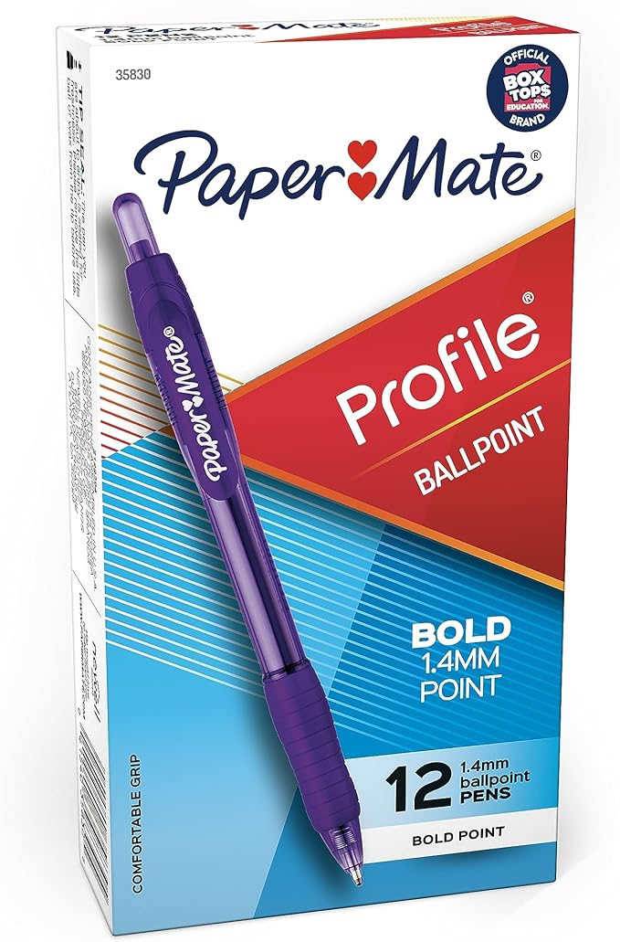 Paper Mate Profile Retractable Ballpoint Pens, Bold (1.4mm), Purple, 12 Count