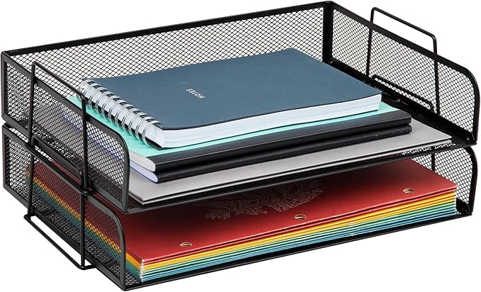 Mind Reader Stackable Paper Tray, Desktop Organizer, File Storage, Office, Metal Mesh, 13.25" L x 9.75" W x 6.25" H, 2 Pcs., Black