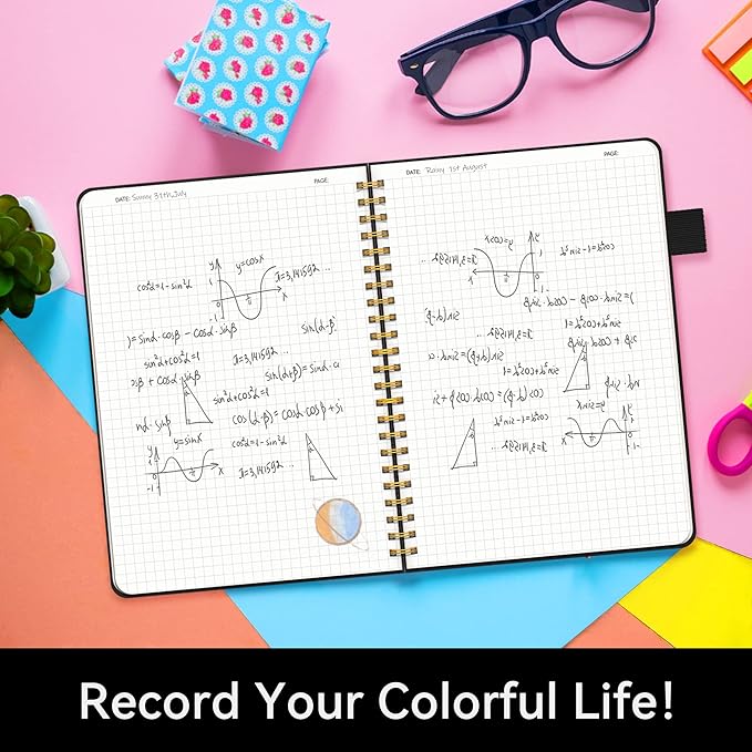 Alltree Spiral Graph Grid Notebook for Work, Leather Hardcover Spiral Notebook with Tabs, Pen Loop, Pocket, Stickers, 160 Pages, Journal for Women & Men, Black(6"x8.5")