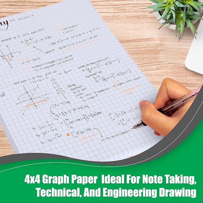 Graph Paper, Filler Paper Loose leaf Graph Paper - 8” x 10.5" - Graph Ruled, 4x4 Quad Ruled Notebook Paper, 3 Hole Punched Loose leaf Papers for 3 Ring Binders - 100 Sheets per Pack (12 Pack)
