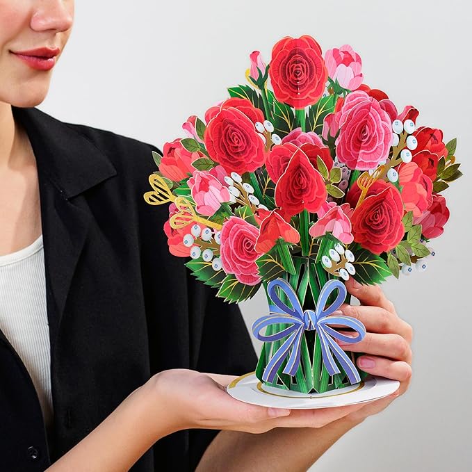 Paper Love 3D HugePop Red Roses Pop Up Card, with Detachable Paper Flower Bouquet, Gift For Birthday, Anniversary, All Occasion - Jumbo 10" x 14" Cards - Includes Envelope and Note