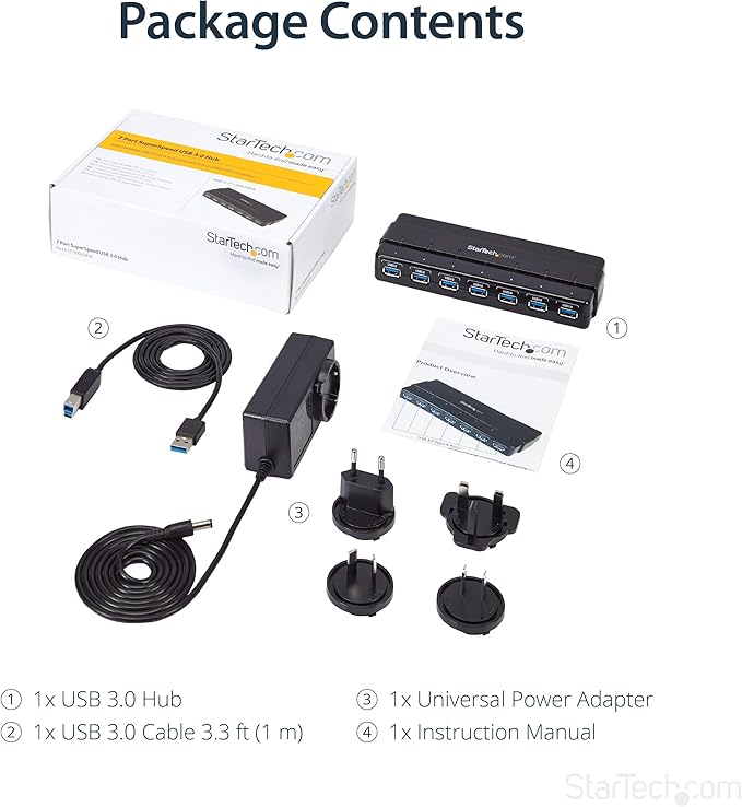 StarTech.com 7 Port USB 3.0 Hub – Up To 5 Gbps – 7 x USB – Universal Multi Port USB Extender for Your Desktop – USB Powered (ST7300USB3B)