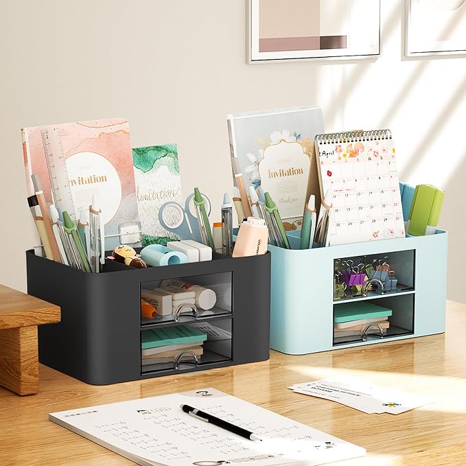 Marbrasse Pen Organizer with 2 Drawer, Multi-Functional Pencil Holder for Desk, Desk Organizers and Accessories with 5 Compartments + Drawer for Office Art Supplies (Black)