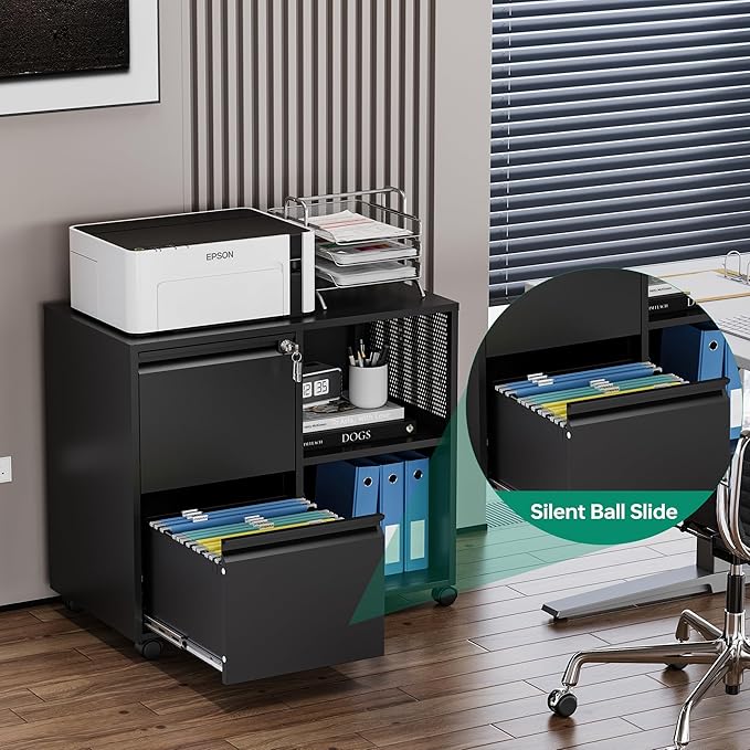 Letaya Mobile File Cabinet, Metal Lateral Rolling Printer Stand Filing Cabinets with Shelves for Home Office-Storage A4/F4/Letter (Black)