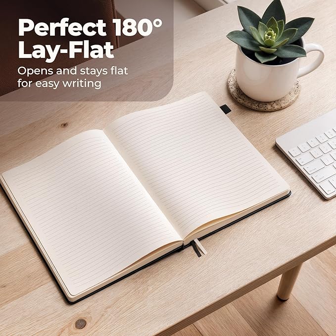 Thick Lined Journal Notebook 8.5x11" with Big A4 Hardcover Leather - Black - 300 Pages College Ruled Large with Sticky Tabs, Pockets, & Pen Loop for Writing and Journaling - Hard Cover Fancy Notebook