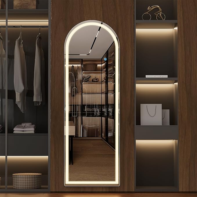 Arched Full Length Mirror with LED Lights, 60"x16" Floor Length Mirror with Stand, Body Floor Mirrors with Dimming & 3 Color Lighting, LED Mirrors for Bedroom, Dressing Room, Cloakroom