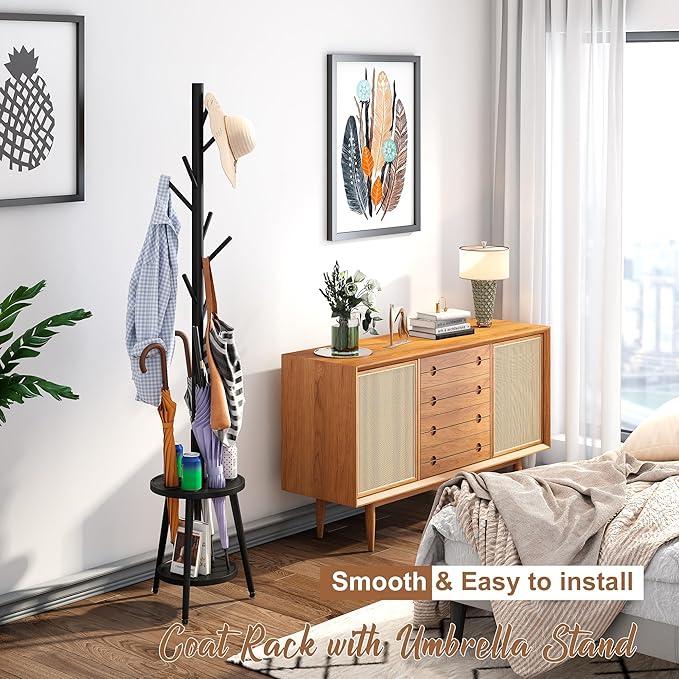 FILWH Freestanding Coat Rack with Umbrella Organizer Tray Bamboo Coat Tree Rack with 8 Hook Stand for Clothes Bag Hats Entryway Hanger Stand(Black)