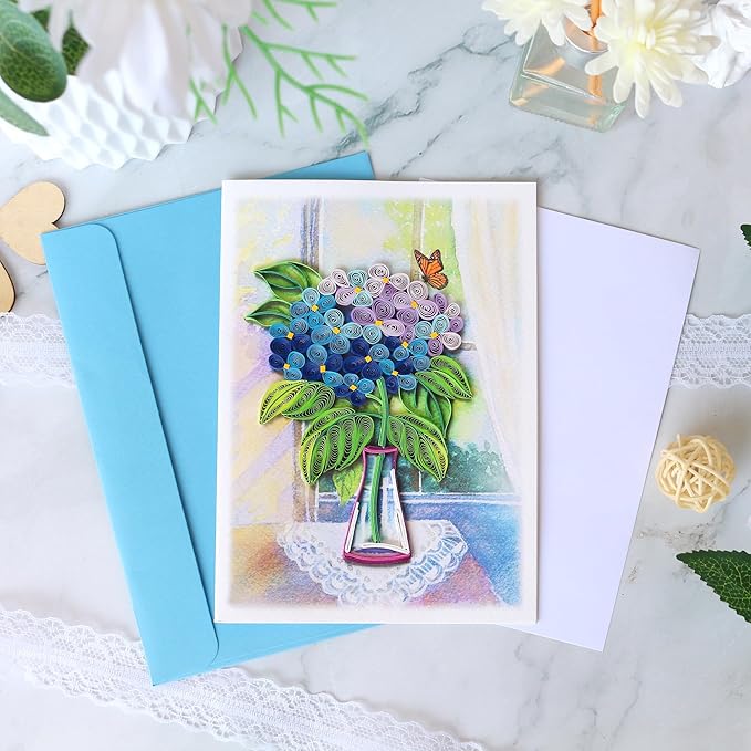 KingKraft Hydrangea Flower Card, Quilling Card, Birthday Card for Women, Anniversary Card for Wife, Valentines Day Card, Mothers Day Card, Thinking of You, Get Well Card for Sister, Daughter