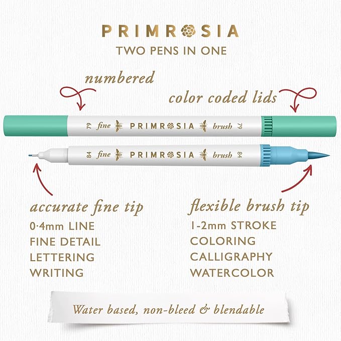 Primrosia 12 Dual Tip Watercolor Marker Pens - Fine Tip & Brush Tips, Professional Quality, 4 x Sticker Sheets, Blendable, Non-Toxic, Perfect for Calligraphy, Drawing & Coloring. (Coastal)