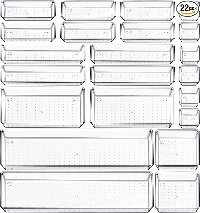 Criusia 22 Pcs Drawer Organizer Bins, Acrylic Non Slip Kitchen Drawer Organizers Storage Tray Divider, Multifunctional Storage for Cosmetics, Bathroom, Tools, Kitchen and Office