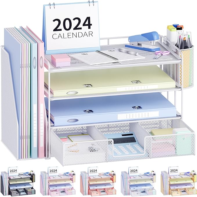 Desk Organizers and Accessories, Desk Accessories & Workspace Organizers for Office Supplies, File Organizer Desk Drawer Organizer with 2 Pen Holders, 4 Tier Paper Organizer for Desk(White)