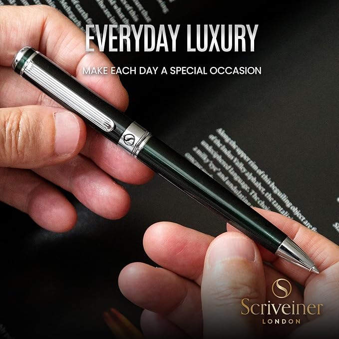 Scriveiner Black Green Ballpoint Pen - Black Green Luxury Pen, Chrome Finish, Schmidt Black Refill, Best Ball Pen Gift Set for Men & Women, Professional Executive Office, Nice Designer Pen