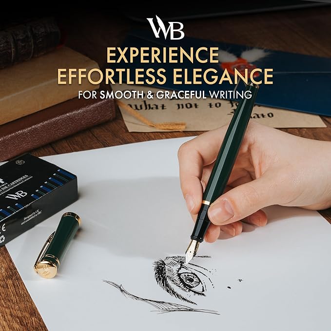 Wordsworth & Black Fountain Pen Set, 18K Gilded Extra Fine Nib, Includes 24 Pack Ink Cartridges, Ink Refill Converter & Gift Box, Gold Finish, Calligraphy, [Racing Green], Perfect for Men & Women