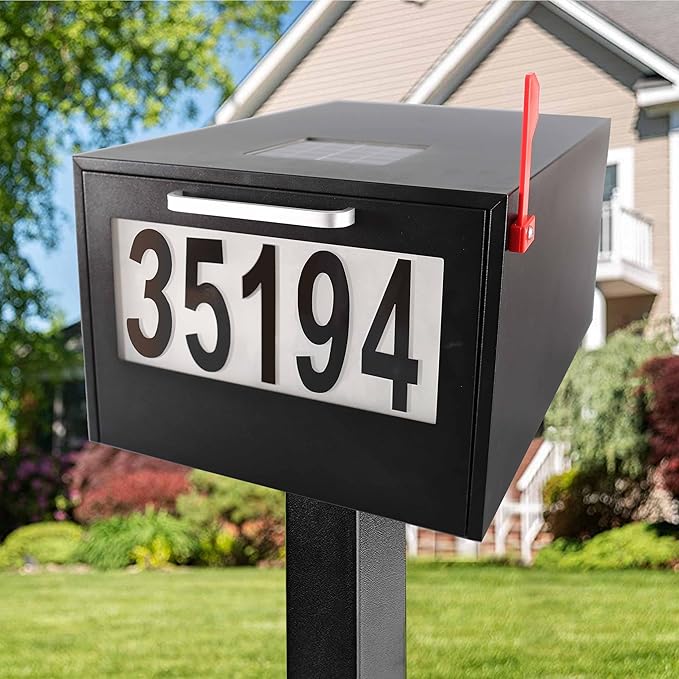 Black Post Mount Mailbox - 2 Lighting Modes Solar Numbers Light Large Capacity Infrared Sensor Illuminated at Night - Iron Numbers Mail Box Outdoor