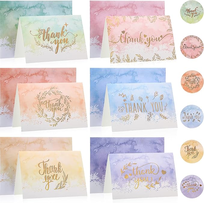 24 Pack Watercolor Thank You Cards with 24 Envelopes 24 Stickers 6 Designs Gold Letter Greeting Note Cards Thank You Notes Round Envelope Seal Stickers for Wedding Graduation(Lovely Style)
